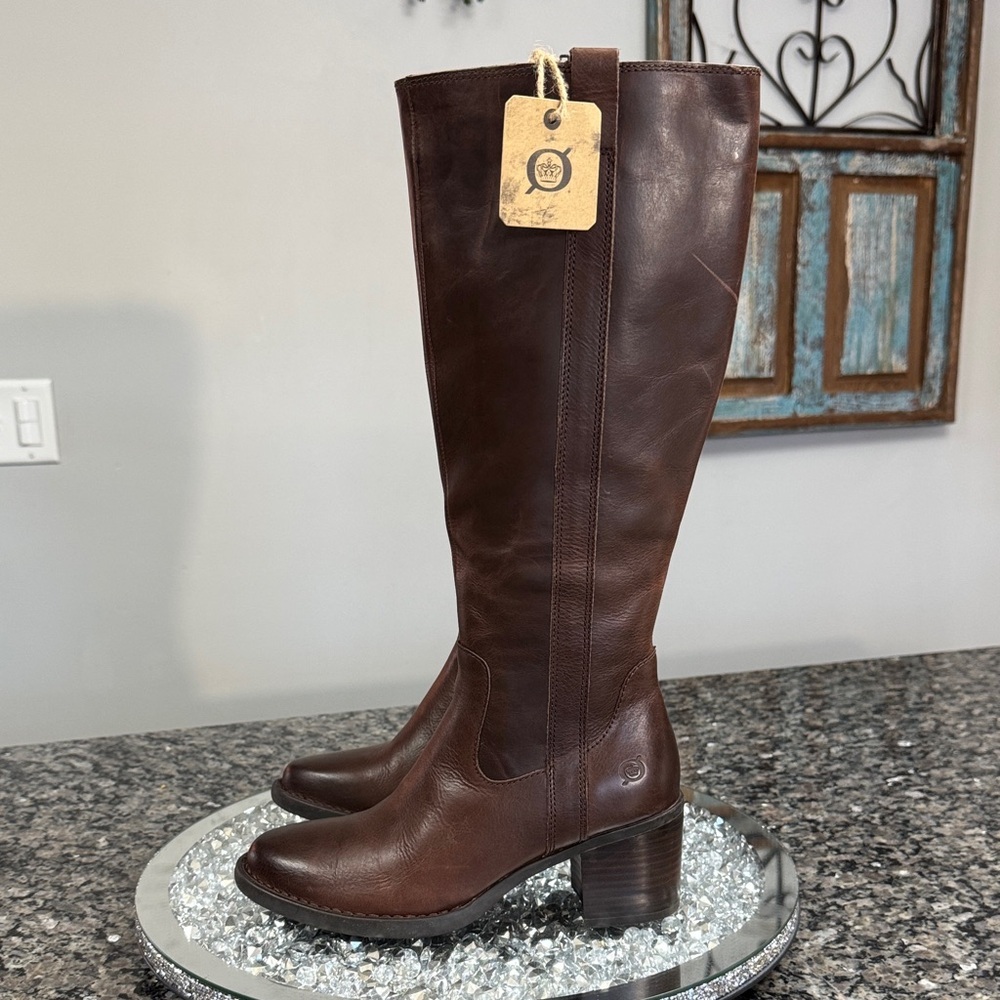 Born Rich Brown Leather block heels tall boots NEW 6.5